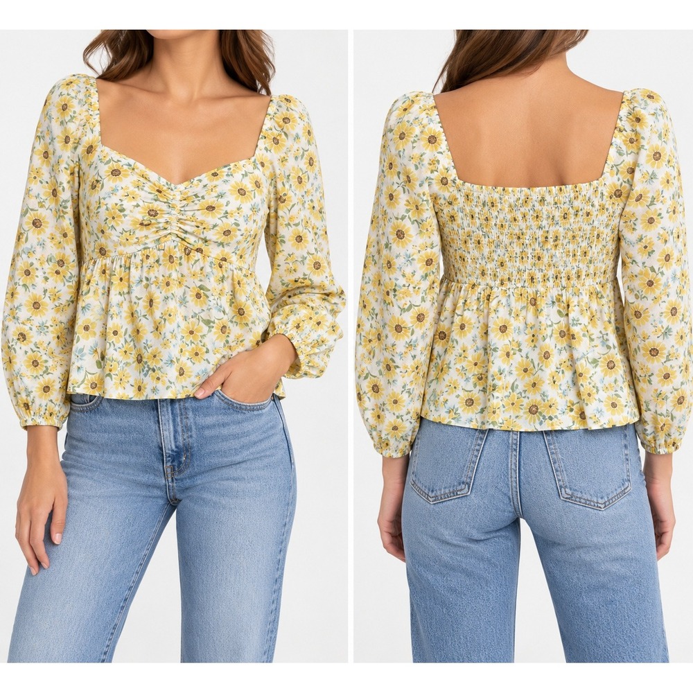 Old Navy Floral Peplum Blouse M Yellow Ditsy Cottagecore Puff Sleeve